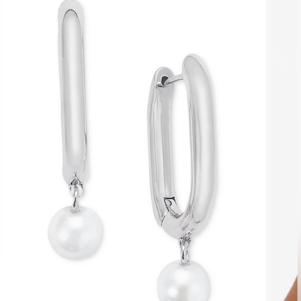 ✨ ON 34th Silver tone Hoop Earrings Pearl Drop Dangle Classic NWT